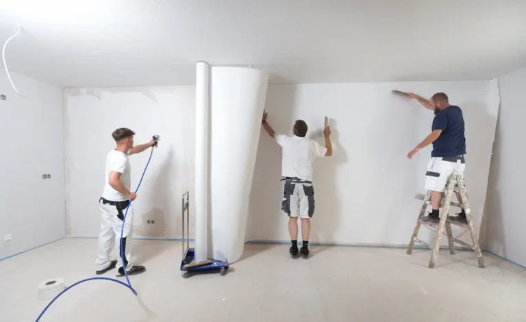 Azubi Max Hömberg (links) spritzt mit einem Airless-Spritzgerät Kleister auf eine Wand, während sein Vater, Malermeister Dirk Hömberg (Mitte), gemeinsam mit Maler Dennis Ameloot eine XXL-Tapete vom dazugehörigen Abrollwagen abrollt und mit Tapezierwischer und -bürste an die Wand bringt. Traumberufe Maler 2026