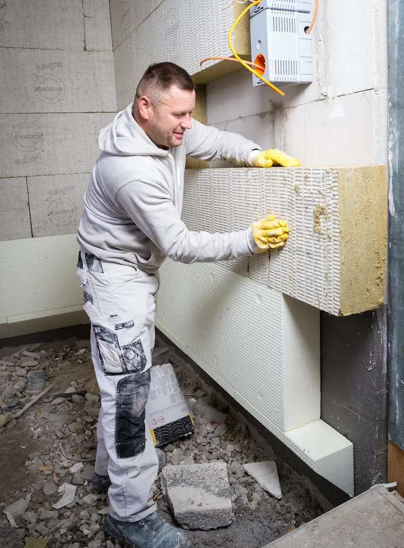 Stuckateur Wojciech Kolanko bringt Dämmplatten an einem Gebäude an. Traumberufe Stuckateur 2026