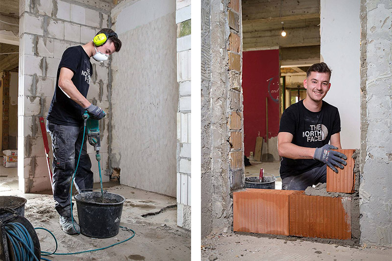 (Bild Links) Mit einem Handrührgerät mischt der Geselle Luca Heidrich den Mörtel für eine Mauer. (Bild Rechts) Diese Türöffnung in der früheren Hausmeisterwohnung mauert der 22-jährige Luca Heidrich zu. Fotos: Gabi Bender