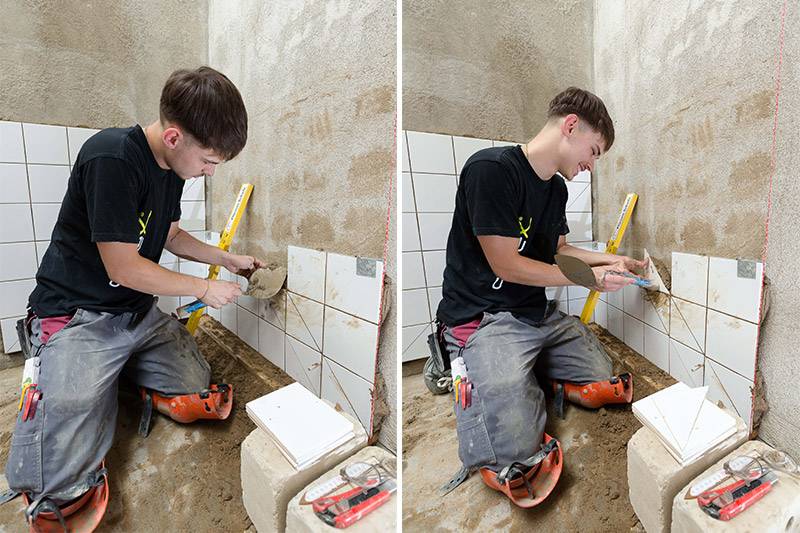 Ein Stück Wand wird gefliest - Ausbildung zum Fliesenleger 2024