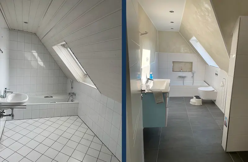 Vorher – nachher Foto von einem renovierten Badezimmer. Traumberufe Maler 2026